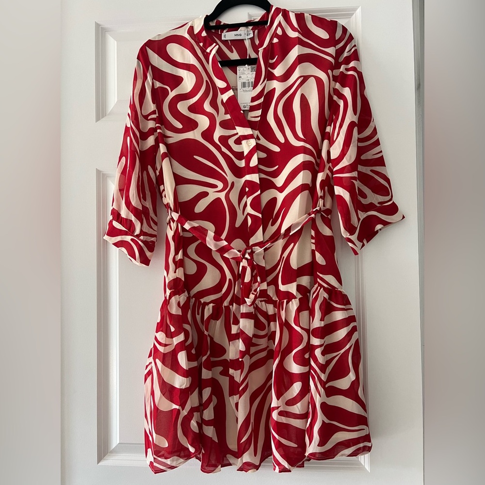 Mango Swirl Pattern Mini Dress in Red and Cream